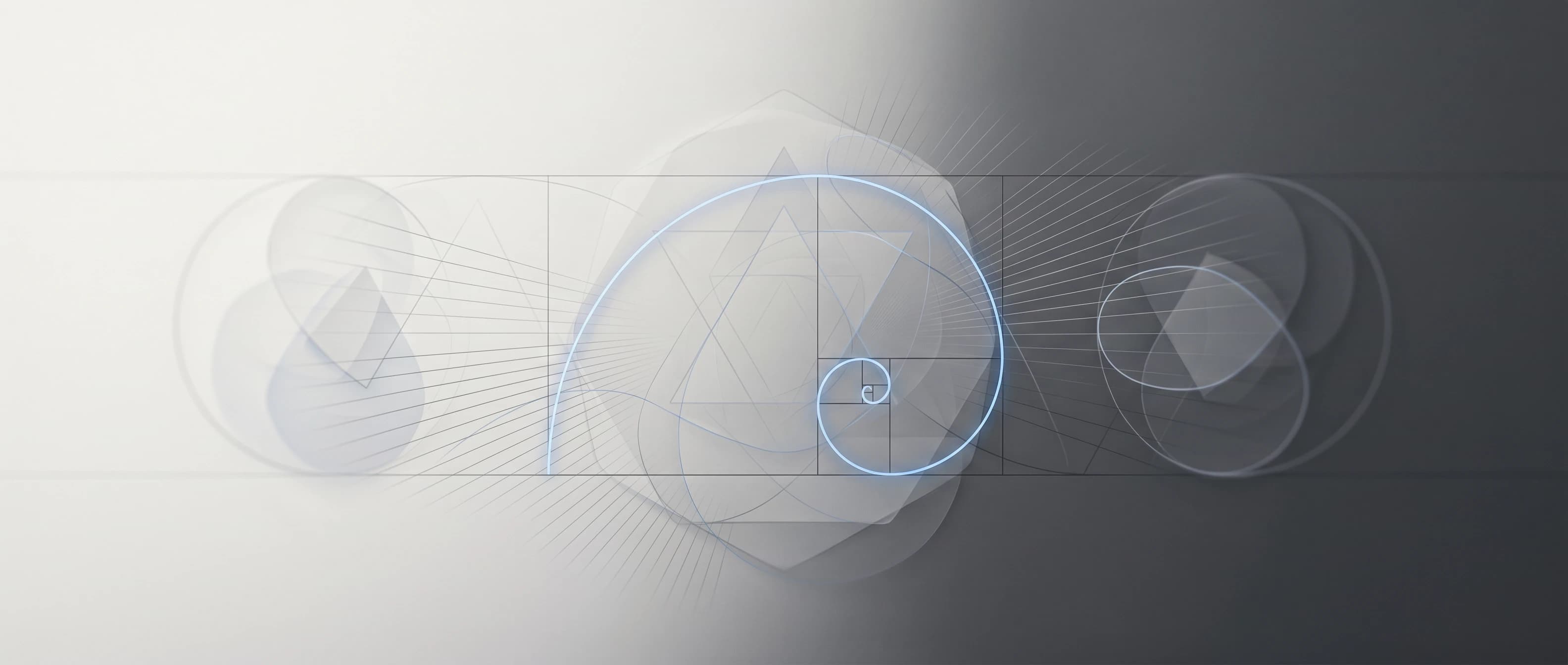 Abstract editorial banner of golden-ratio spirals and geometric forms