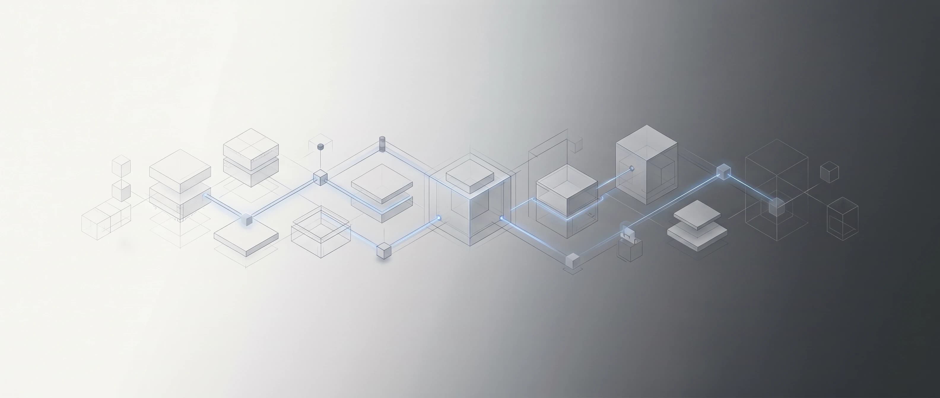 Abstract editorial banner of isometric blueprint-style geometric forms