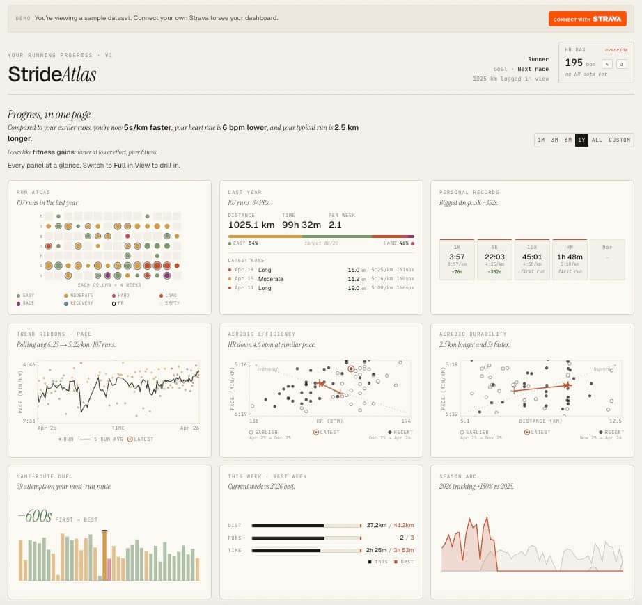 The StrideAtlas dashboard showing all nine panels with a demo dataset
