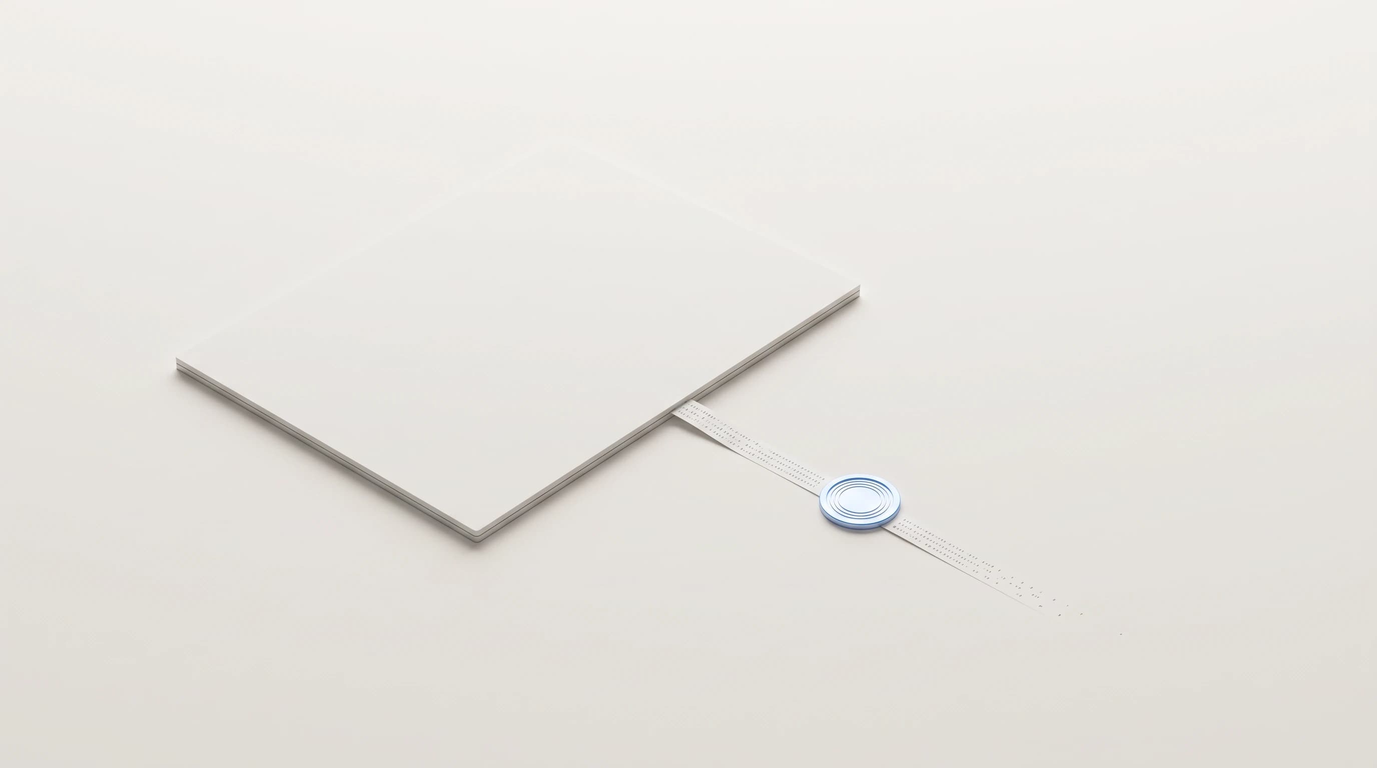 Abstract editorial illustration of a flat image plane with a ribbon of metadata trailing from its edge, dissolving into empty space past a small blue seal