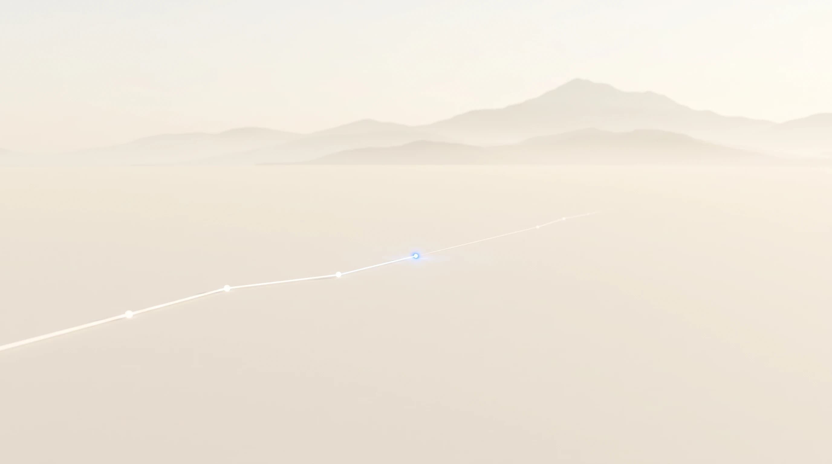 Abstract editorial banner of a glowing route line crossing a pale plain to its first blue milestone, with hazy mountains on the horizon
